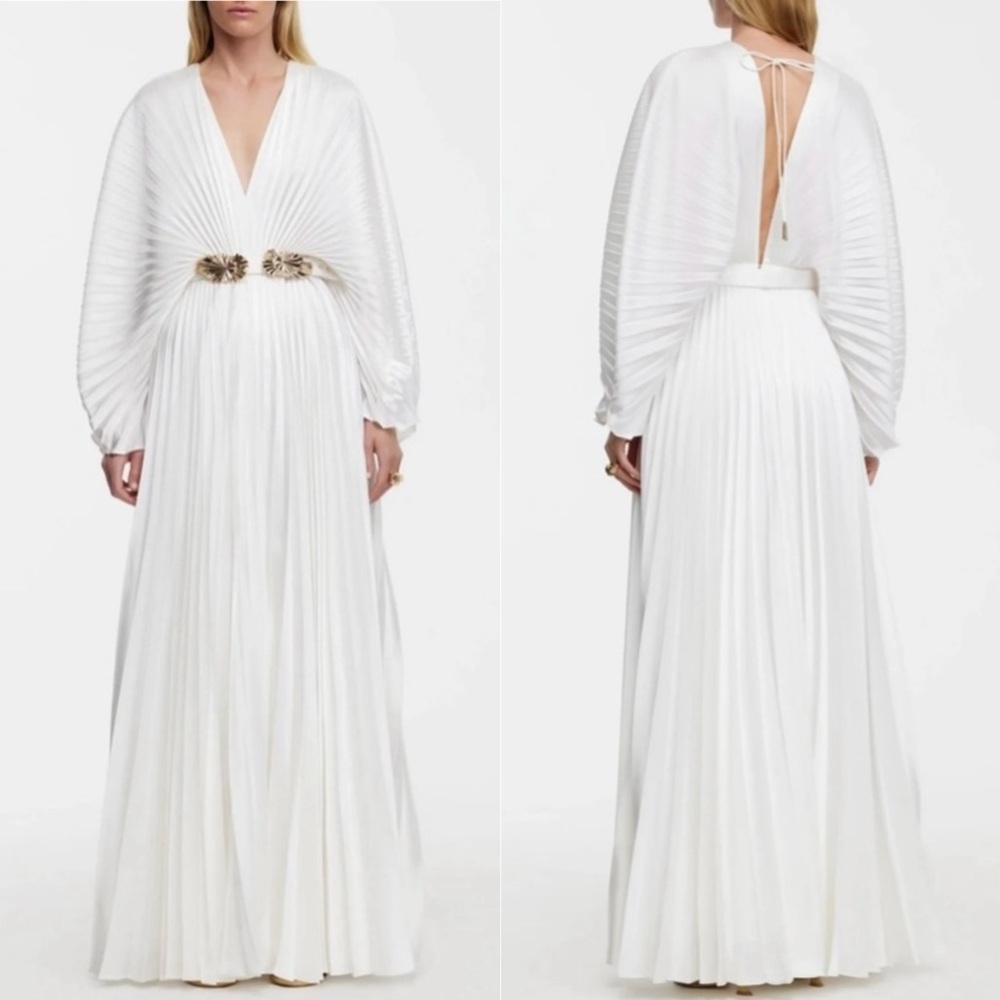 Acler Wonastow Long-Sleeve Pleated Satin Maxi Dress